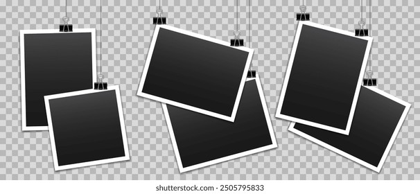 Vector blank photo frames with silver metal paper clip and shadow isolated on transparent background. Template mockup photo design.