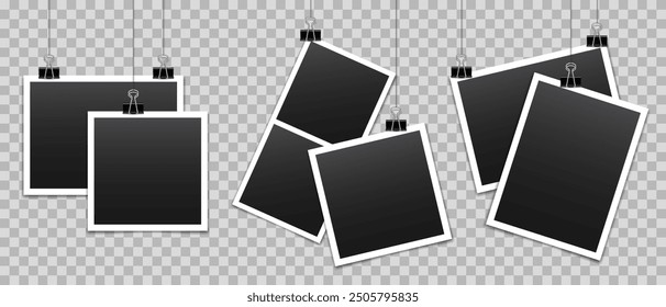 Vector blank photo frames with silver metal paper clip and shadow isolated on transparent background. Template mockup photo design.