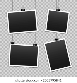 Vector blank photo frames with silver metal paper clip and shadow isolated on transparent background. Template mockup photo design.