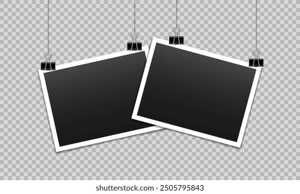 Vector blank photo frames with silver metal paper clip and shadow isolated on transparent background. Template mockup photo design.