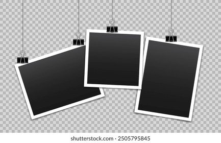 Vector blank photo frames with silver metal paper clip and shadow isolated on transparent background. Template mockup photo design.