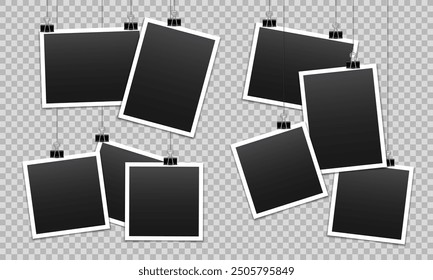 Vector blank photo frames with silver metal paper clip and shadow isolated on transparent background. Template mockup photo design.