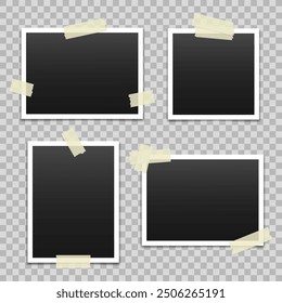 Vector blank photo frames with transparent adhesive tape isolated on transparent background. Template mockup photo design. Torn pieces of masking tape.