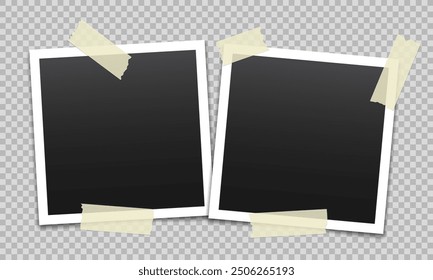 Vector blank photo frames with transparent adhesive tape isolated on transparent background. Template mockup photo design. Torn pieces of masking tape.