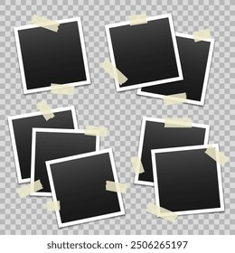 Vector blank photo frames with transparent adhesive tape isolated on transparent background. Template mockup photo design. Torn pieces of masking tape.