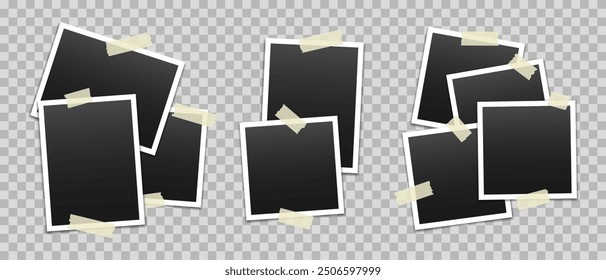 Vector blank photo frames with transparent adhesive tape isolated on transparent background. Template mockup photo design. Torn pieces of masking tape.