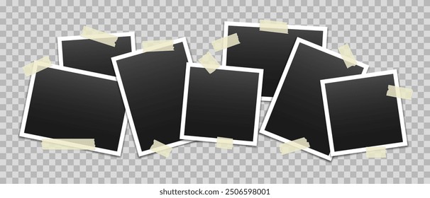 Vector blank photo frames with transparent adhesive tape isolated on transparent background. Template mockup photo design. Torn pieces of masking tape.