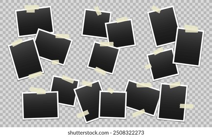 Vector blank photo frames with transparent adhesive tape isolated on transparent background. Template mockup photo design. Torn pieces of masking tape.