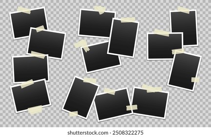 Vector blank photo frames with transparent adhesive tape isolated on transparent background. Template mockup photo design. Torn pieces of masking tape.