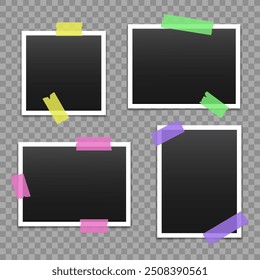 Vector blank photo frames with transparent adhesive tape isolated on transparent background. Template mockup photo design. Torn pieces of masking tape.