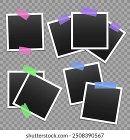 Vector blank photo frames with transparent adhesive tape isolated on transparent background. Template mockup photo design. Torn pieces of masking tape.
