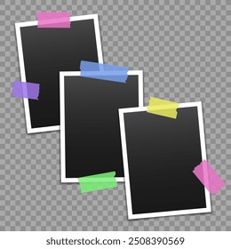 Vector blank photo frames with transparent adhesive tape isolated on transparent background. Template mockup photo design. Torn pieces of masking tape.