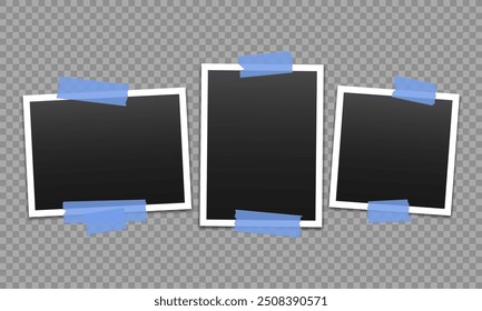 Molduras de fotos em branco vetoriais com fita adesiva transparente isolada sobre fundo transparente. Modelo de modelo de desenho de foto. Pedaços rasgados de fita adesiva.