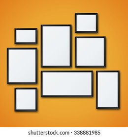 Vector blank picture frame set on orange wall. Template background