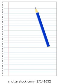 Vector of a blank piece of lined paper with a blue pencil lying across it