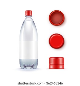 Vector Blank Plastic Blue Water Bottle with Set of Red Caps Isolated on White Background svg