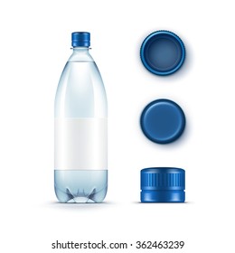 Vector Blank Plastic Blue Water Bottle with Set of Caps Isolated on White Background