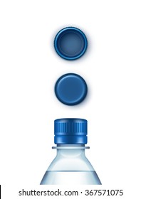 Vector Blank Plastic Blue Water Bottle with Set of Caps Isolated on White Background
