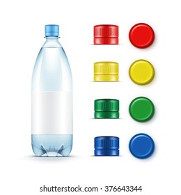 Vector Blank Plastic Blue Water Bottle with Set of Multicolored Red Yellow Green Caps Isolated on White Background svg