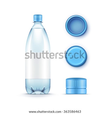 Vector Blank Plastic Blue Water Bottle with Set of Caps Isolated on White Background