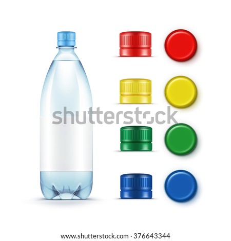 Vector Blank Plastic Blue Water Bottle with Set of Multicolored Red Yellow Green Caps Isolated on White Background