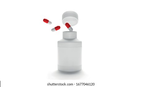 Vector Blank Plastic Medicine Packaging Open Bottle with Cap for Pills Isolated on White Background. Bio Supplements or Vitamins. Realistic Plastic Bottle. Mock Up Template. Pharmacy, Tablets, Pills