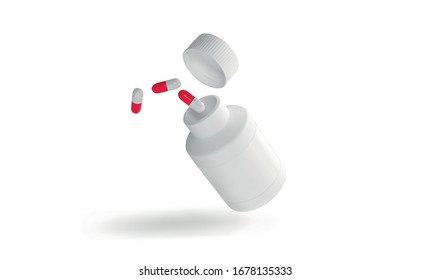 Vector Blank Plastic Medicine Packaging Open Bottle with Cap for Pills Isolated on White Background. Bio Supplements or Vitamins. Realistic Plastic Bottle. Mock Up Template. Pharmacy, Tablets, Pills
