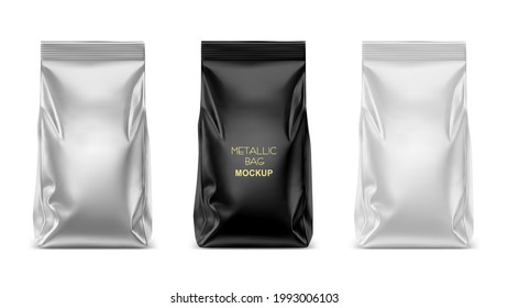 Vector blank plastic, metallic or foil bag for packaging design, mockup template for coffee, tea, food snack, chips, cookies, peanuts, candy. 3d realistic illustration isolated on white background