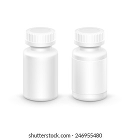 Vector Blank Plastic Packaging Bottle with Cap for Pills Isolated on White Background