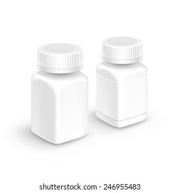Vector Blank Plastic Packaging Bottle with Cap for Pills Isolated on White Background