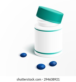 Vector Blank Plastic Packaging Bottle with Cap for Pills Isolated on White Background. EPS 10
