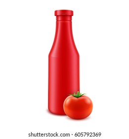 Vector Blank Plastic Red Tomato Ketchup Bottle for Branding without label Isolated with Fresh Tomato on White Background