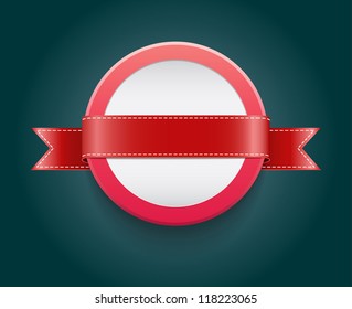 Vector blank plastic round badge / banner decorated with red ribbon