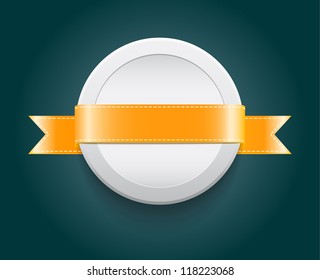 Vector blank plastic round badge / banner decorated with yellow ribbon