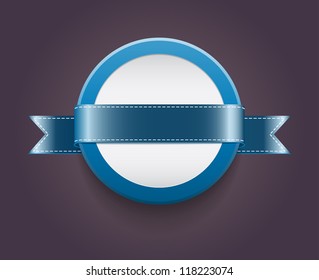Vector blank plastic round badge / banner decorated with blue ribbon