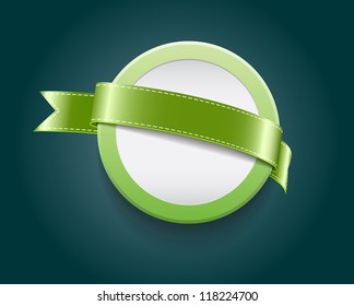 Vector blank plastic round badge / banner decorated with green ribbon