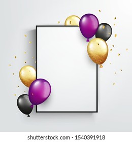 Vector Blank Poster Mock Up With Realistic 3D Balloons And Gold Glitter On Festive Background. Birthday Or Anniversary Banner.