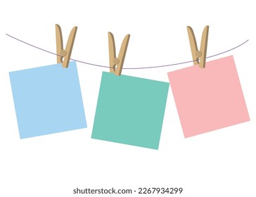 vector blank post-its.Multi-colored note paper on a white background hangs on a rope.