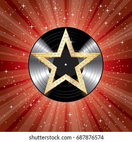 vector blank red LP vinyl record on background with red starburst and golden star with diamonds, layered and editable