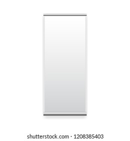 Vector blank roll up banner stand isolated on white background. Empty white show display mock up. Vertical roll up board template ready for advertising, presentation and exhibition your product.