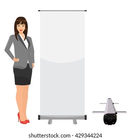 Vector Blank roll up banner for your display mockup template with solid flat color design isolated on solid background. Business lady posing standing beside Rollup