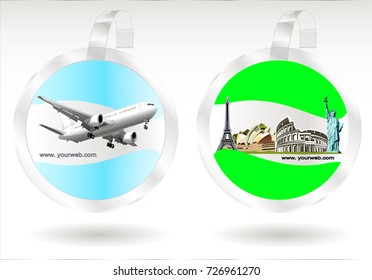 Vector blank round wobbler with transparent strip.Statue of Liberty.Eiffel Tower.Colosseum.Travel.The business card,sticker, ticket for travel agencies,for the sale of tours and trips.Logo for travel.
