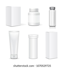 Vector blank set of plastic packaging bottles for cosmetics, vitamins, pills