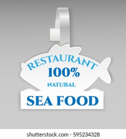 Vector blank shape white fish paper plastic advertising price wobbler front view. Isolated on background. Advertising price stickers for restaurant, cafe, bar, shops, street food.