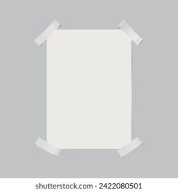 Vector blank sheet of paper with adhesive tape on transparent background.