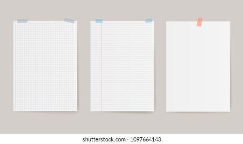 Vector blank sheets of square, lined and blank paper with color adhesive tapes.