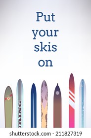 Vector blank skiing themed template for your text featuring a collection of different skis | Seven different old fashioned skis on empty background | Ready for winter activities promotion page layout