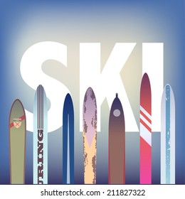 Vector blank skiing themed template featuring a collection of different skis on abstract winter sky and ski title | Seven different old fashioned skis on abstract background