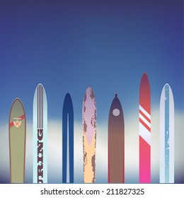 Vector Blank Skiing Themed Template Featuring A Collection Of Different Skis On Abstract Winter Sky | Seven Different Old Fashioned Skis On Abstract Background