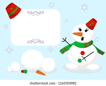 Vector blank snowmen and a place for a label or photo. Children's cartoon character on a blue background with snowflakes